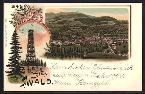 Cartoline postali: Litho Wald, Bachtel-Turm, Gesamtansicht – Usato da Berlin venduto da bartko-reher