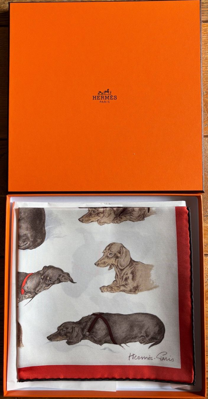 Hermès Foulard & Sciarpe: HERMES Gavroche Pochette "LES BASSETS", 2025 – Nuovo e nell'imballaggio originale da Zürich venduto da Libraco