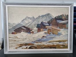 Gemälde Winterlandschaft mit Bergen, signiert ES 1948