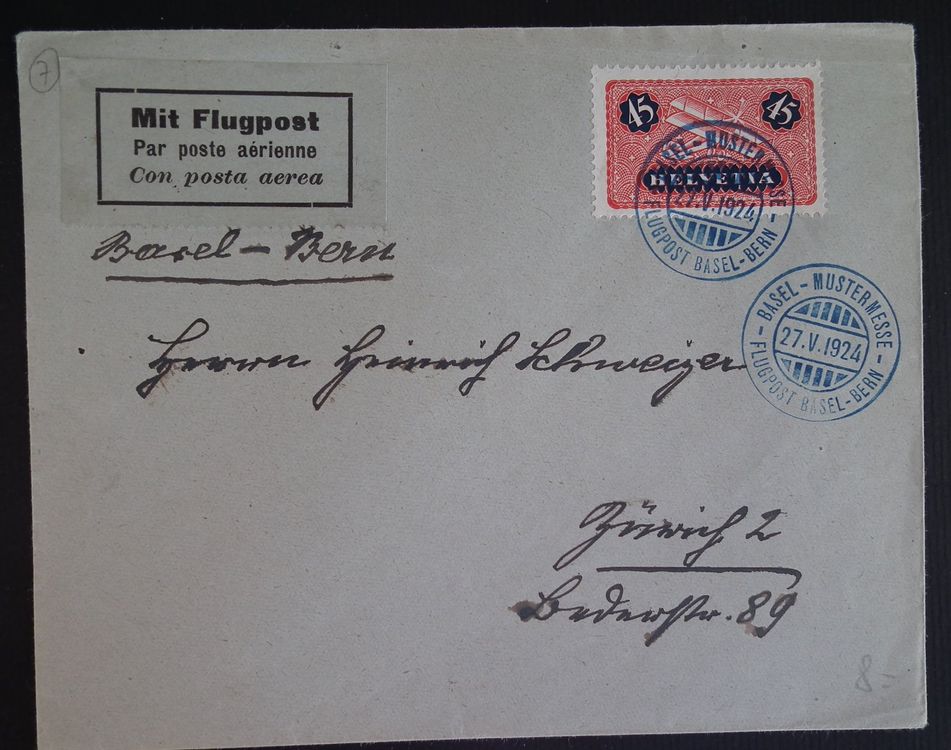 1924 Flugpost Brief Von Basel - Bern - Zürich, Sonderstempel | Kaufen ...