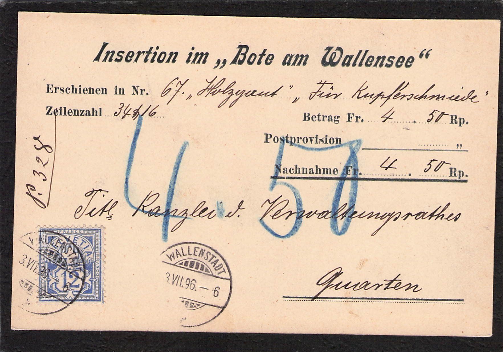 Cartoline postali: Insertion im"Bote am Wallensee" nach Quarten, 3.Vll.1896 – Usato da Reichenburg venduto da Pipo-67