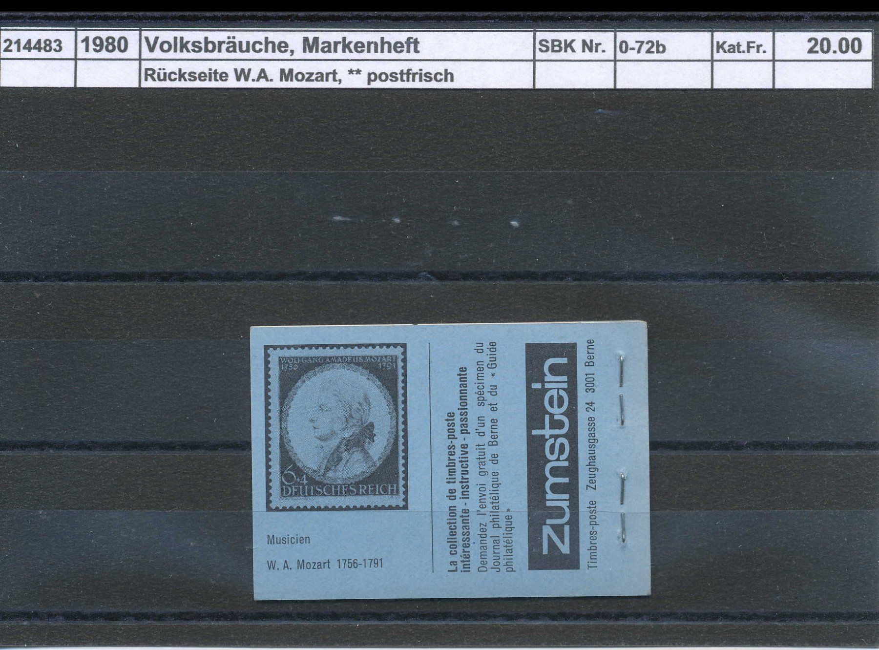 Tutti i francobolli: 1980 Volksbräuche, Markenheft "blau", ** postfrisch – Nuovo (secondo la descrizione) da Winterthur venduto da Zupogeru