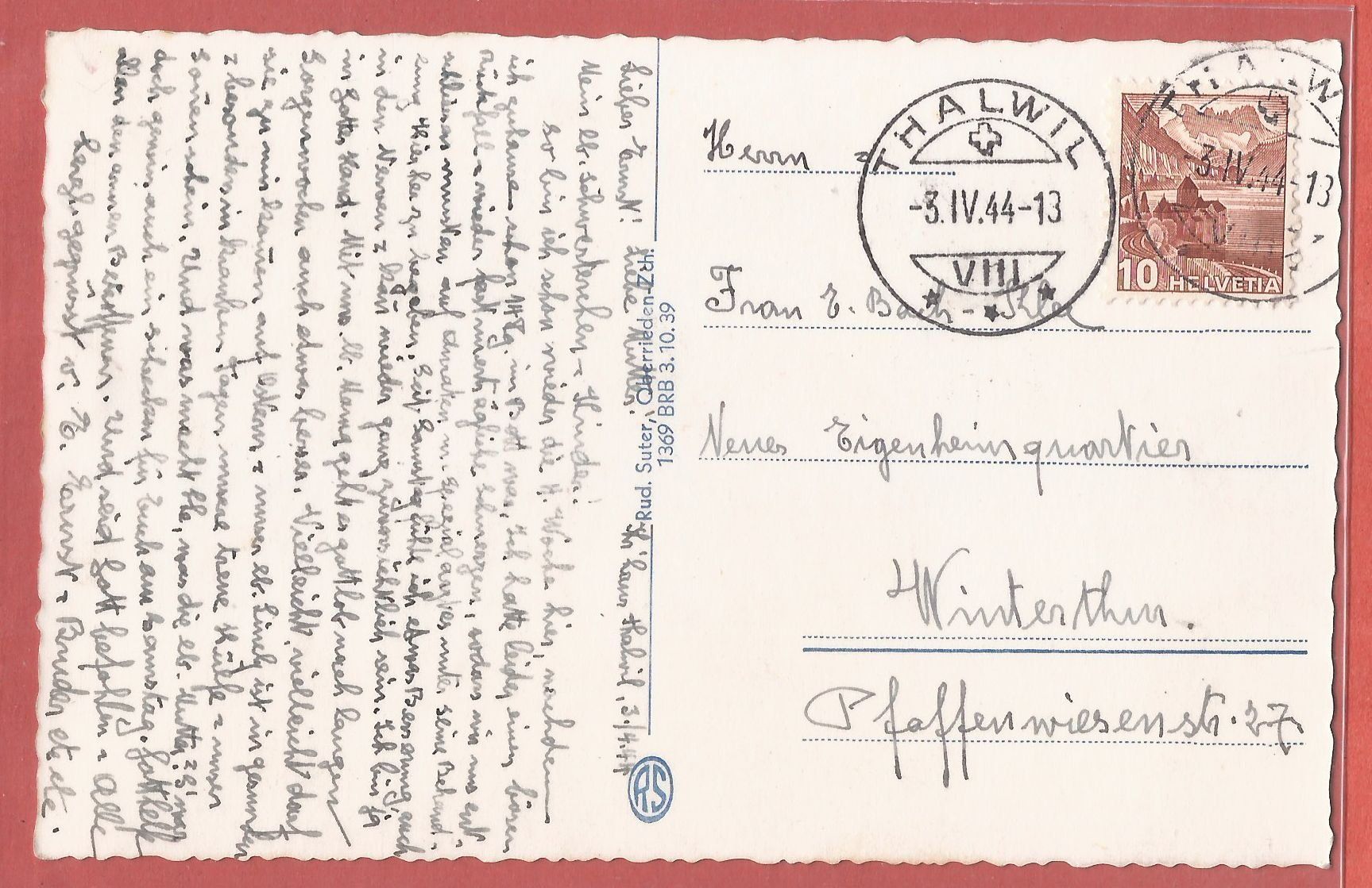 Cartoline postali: Thalwil - 1944 – Usato da Fislisbach venduto da Porano 1