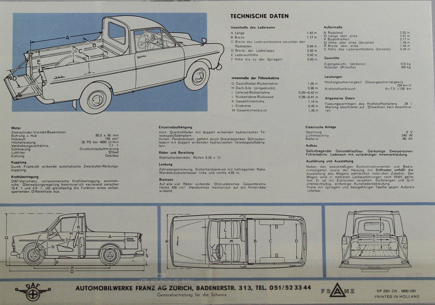 Daf Documenti: PROSPEKT  | DAF 750 PICK-UP - VARIOMATIC | AB 12.1961 - DE – Usato da Unterägeri venduto da GIGOLOLIT 1