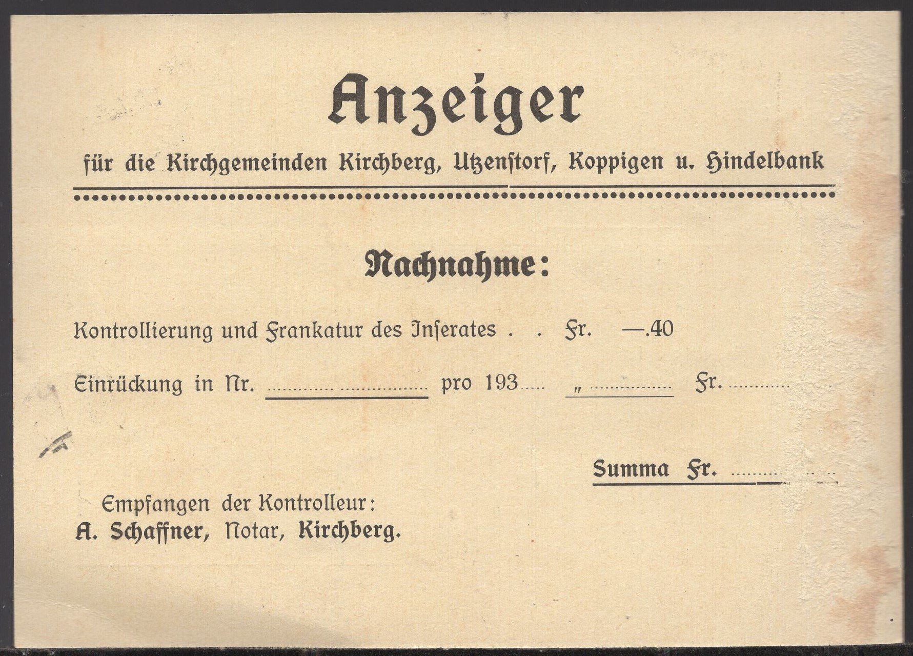 Tutti i francobolli: KIRCHBERG, 25.IV.32  Nachnahme – Usato da Aarau venduto da kufi44 2