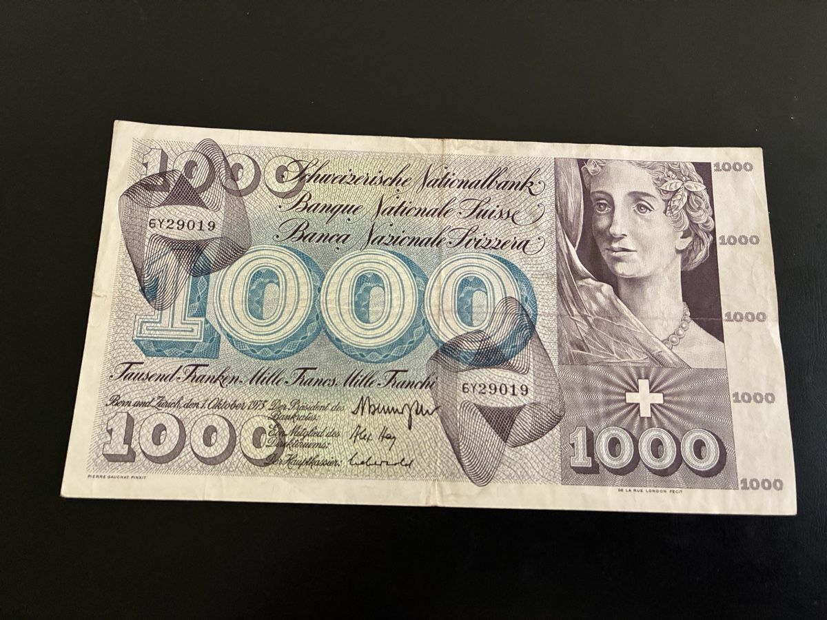 Banknoten: 1000 Franken 1973 – Gebraucht aus Dällikon von Woldbanknoten 1