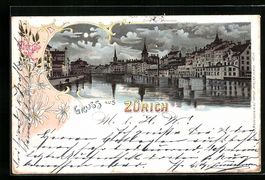 Litho Zürich, die Stadt bei Mondschein