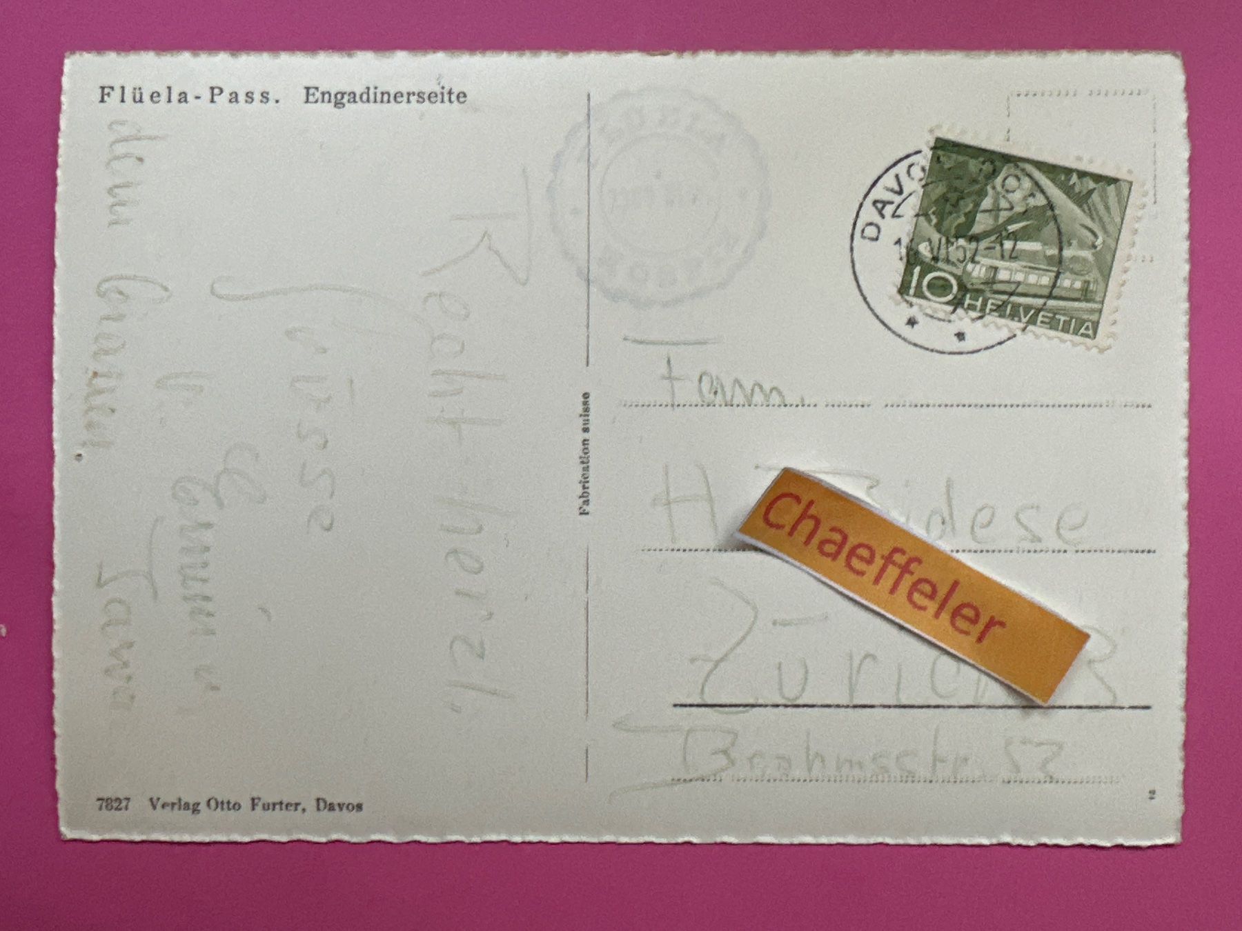 Ansichtskarten: 1952 Flüela-Pass. Engadinerseite – Gebraucht aus Zürich von Chaeffeler 1