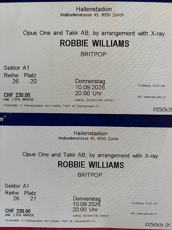 Biglietti: 2x Tickets Robbie Williams Konzert – Nuovo e nell'imballaggio originale da Urdorf venduto da mar_5zwj