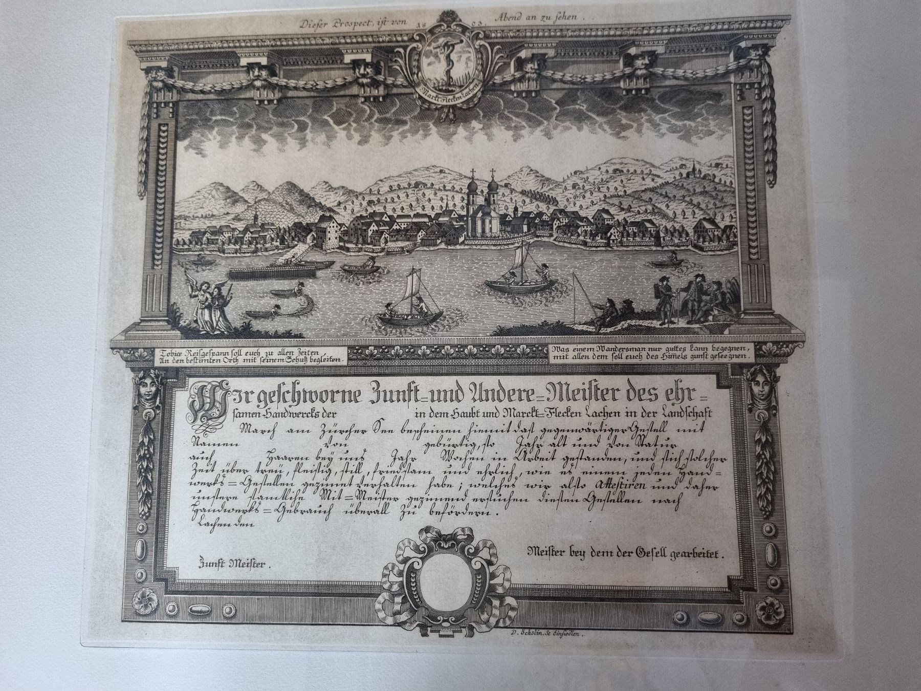 Incisioni: Alter Kupferstich Gesellenbrief Lachen 1803 Top – Usato da Trachslau venduto da bastet06 1