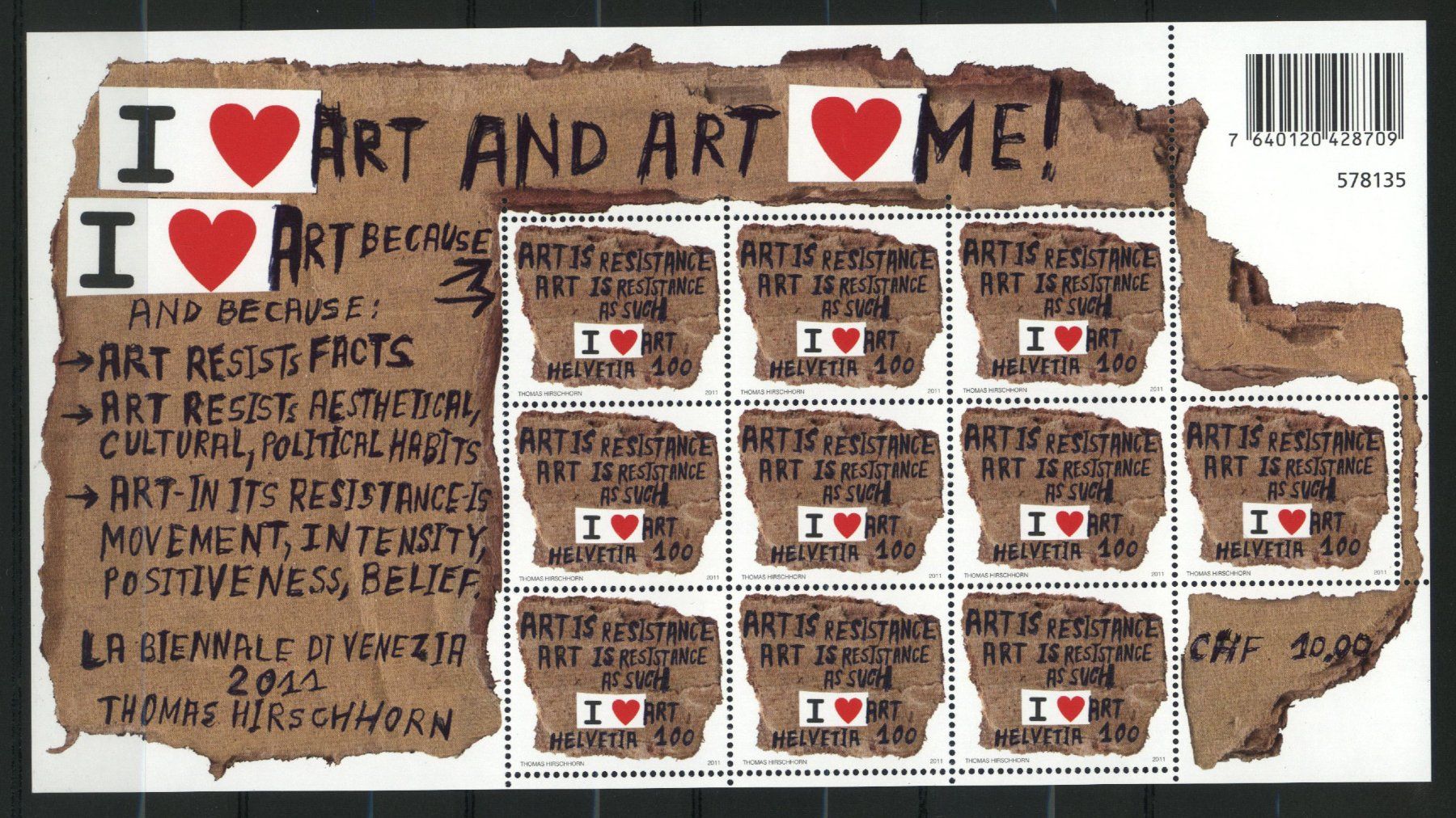 Tutti i francobolli: 2011, Kunstserie Biennale Venedig, Kleinbogen ** – Usato da Willisau venduto da Vollstempel