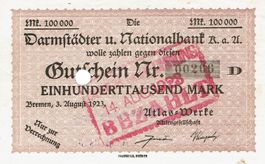 Bremen Atlas Werke 100000 Mark +Stempel bez. 03.08.1923 VZ++