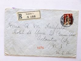 R - Brief, LUZERN 15.VII.21 > USA, 1Fr HELVETIA mit Schwert