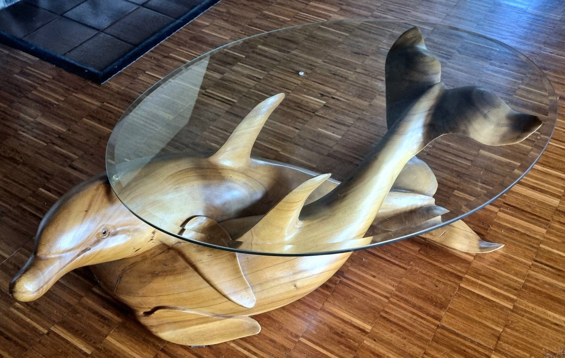 Tavoli: Table basse - Plateau en verre sur 2 dauphins entrelacés – Usato da Blonay venduto da Boutdeficelle