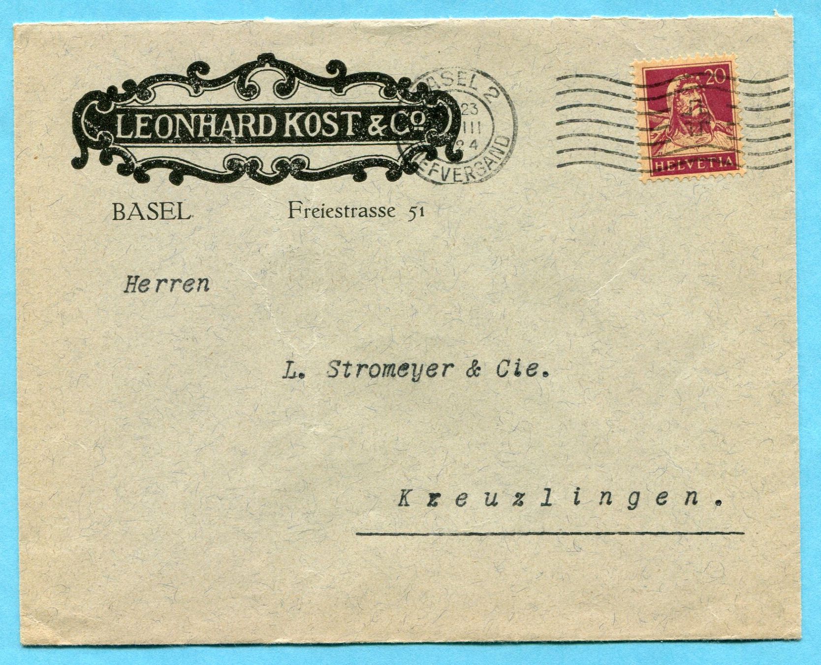 Tutti i francobolli: Brief Basel 1924 - Abs: Leonhard Kost & Co. mit Vignette – Usato da Opfikon venduto da Prophila