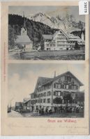 Gruss aus Wildhaus - Gasthaus zum Hirschen, Kirche UPU 1900