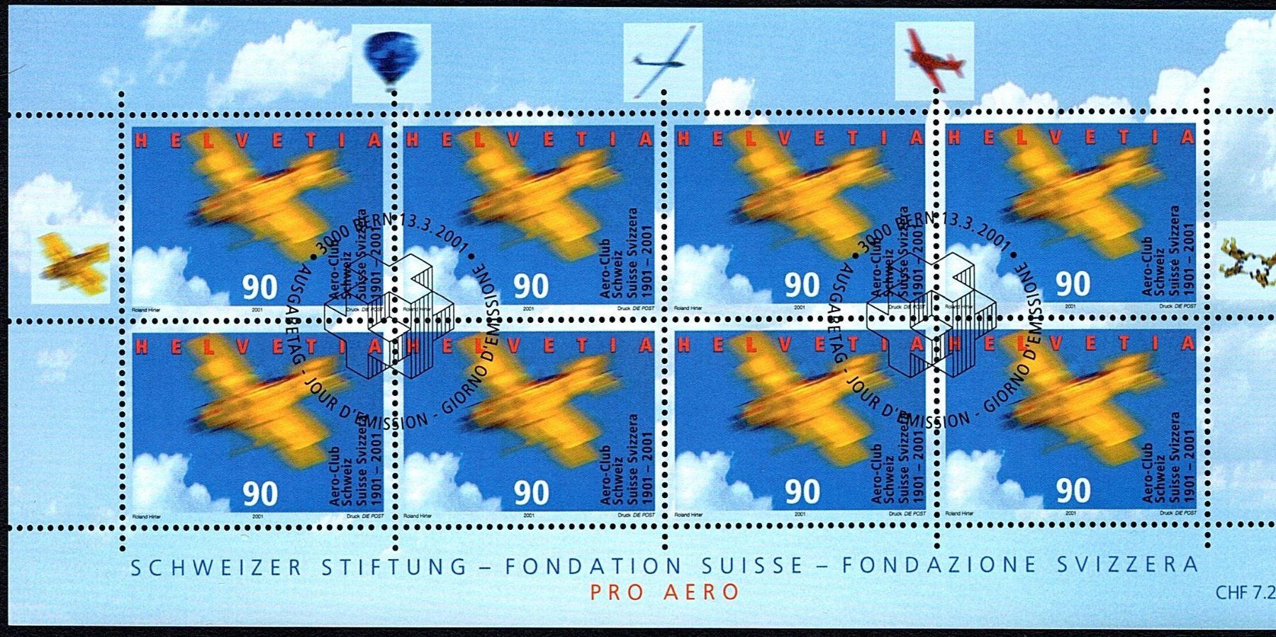 Alle Briefmarken: 2001_Kleinbogen SBK 1016 ET gest.; "Schw. Stiftung Pro Aero" – Neu (gemäss Beschreibung) aus Thun von Nissan