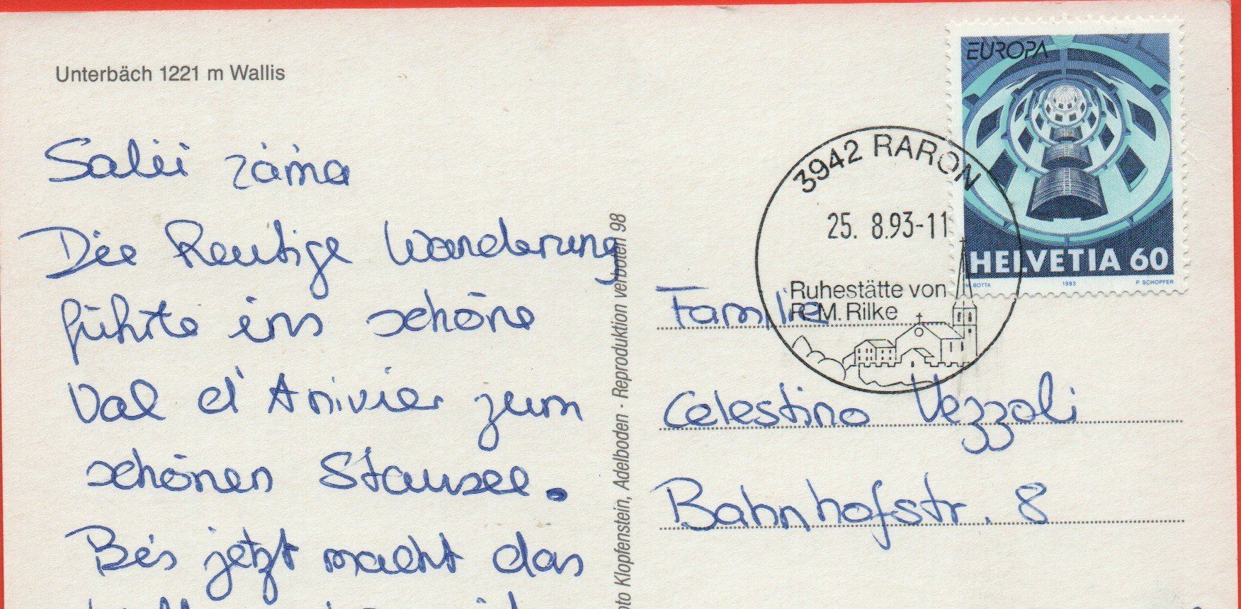 Cartoline postali: UNTERBÄCH gel. 1993 v. Raron – Usato da Jona venduto da philajona 1