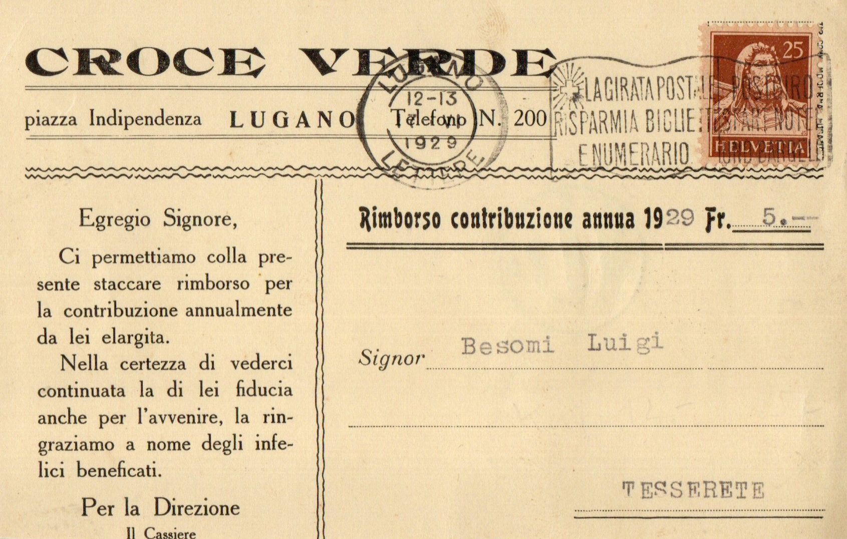 Tutti i francobolli: Croce Verde - Lugano – Usato da Melano venduto da pisonsdro