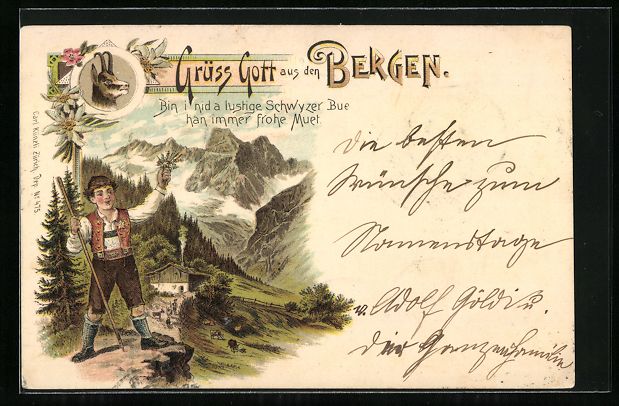 Ansichtskarten: Litho Mann in Schweizer Tracht mit Bergp – Gebraucht aus Berlin von bartko-reher
