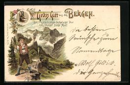 Litho Mann in Schweizer Tracht mit Bergp