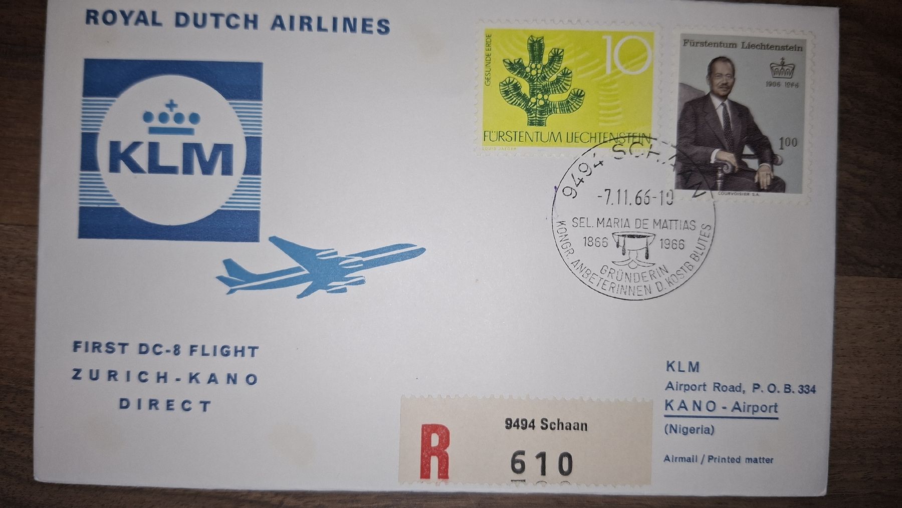Tutti i francobolli: KLM Zürich - Kano 07.11.1966 – Usato da Balgach venduto da SIMEON27