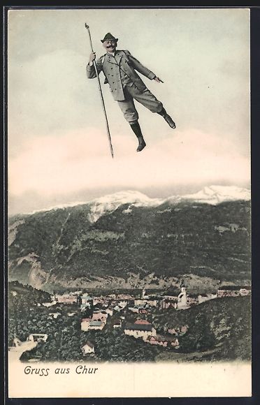 Cartoline postali: Chur, Fliegender Mann mit Wanderstock  – Usato da Berlin venduto da bartko-reher