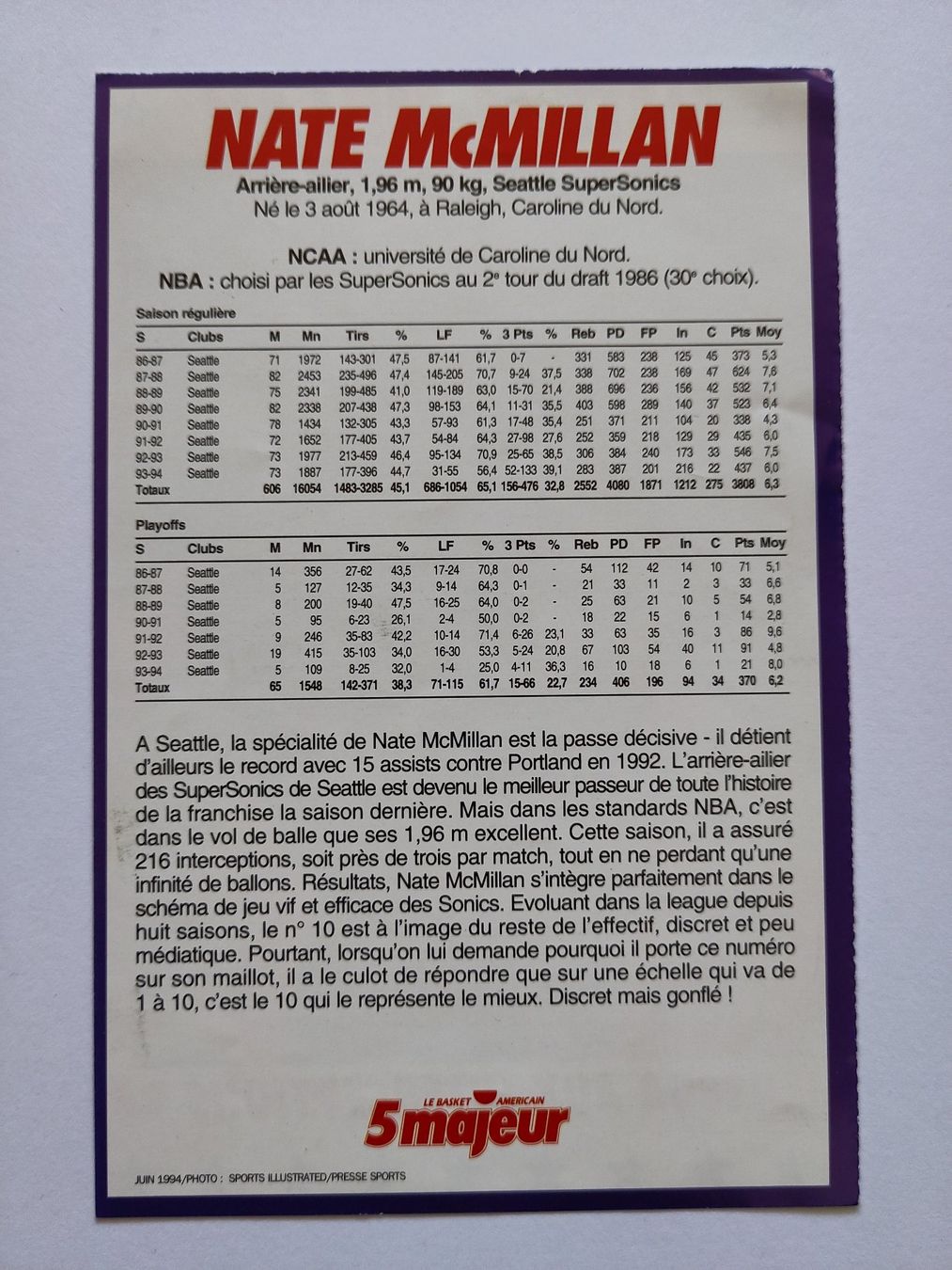 Sammelbilder & Trading cards: Fiche Nate McMillan - 5 majeur – Gebraucht aus Lausanne von the_p2w5 1