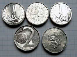 Tschechien 1 und 2 Kronen Münzen, Bömischer Löwe, 1998-2009