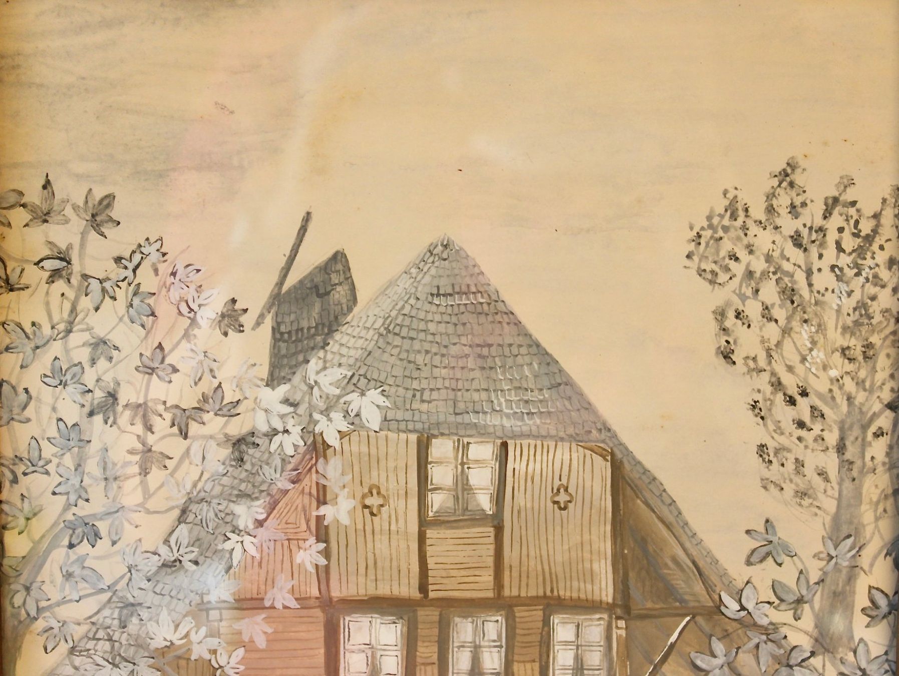 Dipinti: NAIVE BLEISTIFTZEICHNUNG, BAUERNHOF, DATIERT 1841 ? – Usato da Grandcour venduto da Flowerstyle 3