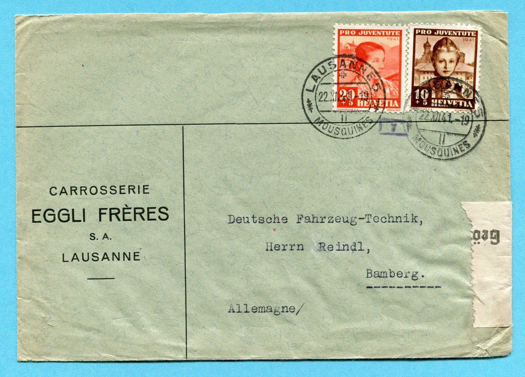 Tutti i francobolli: Zensurbrief von Lausanne nach Bamberg 1941 - Abs: Eggli – Usato da Opfikon venduto da Prophila