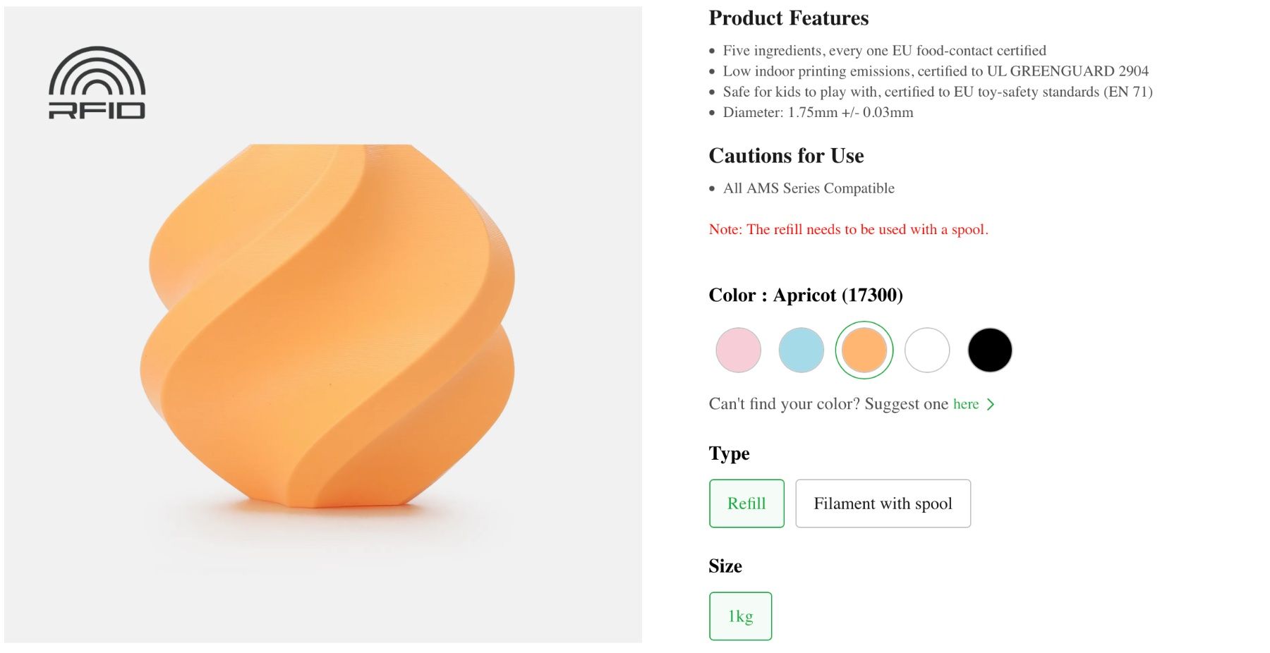 Filamento: Bambu Lab PLA Pure Apricot (17300) / refill – Nuovo e nell'imballaggio originale da Aven venduto da psdigital 1