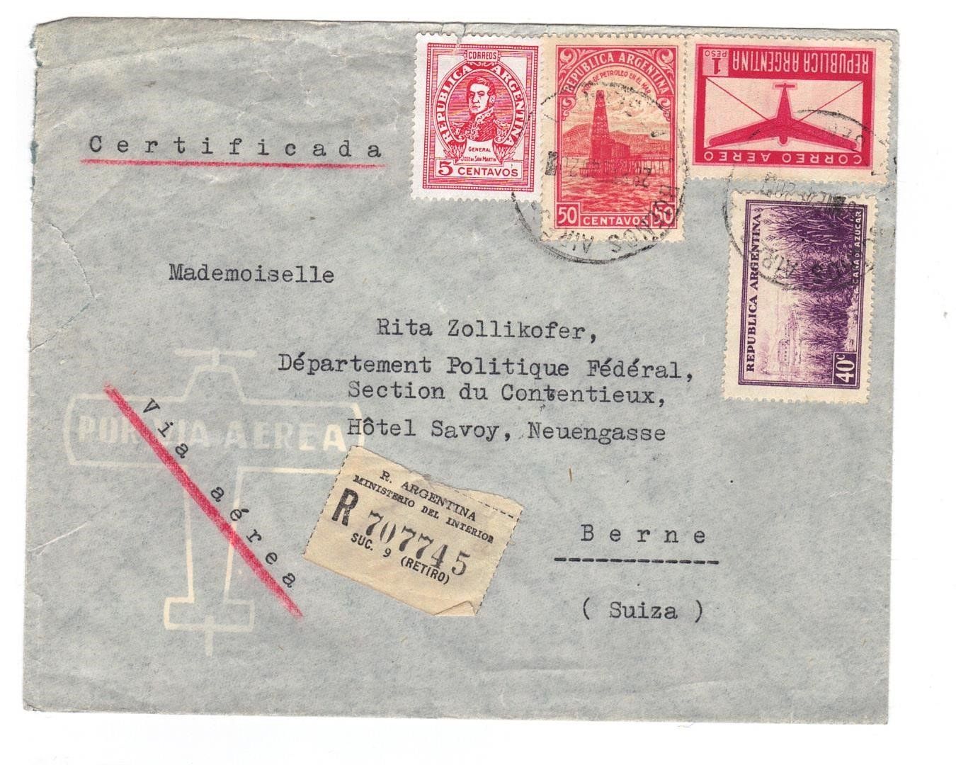 Alle Briefmarken: Flugpostbrief Argentina-Suiza 12.II.46 – Gebraucht aus Büetigen von philat