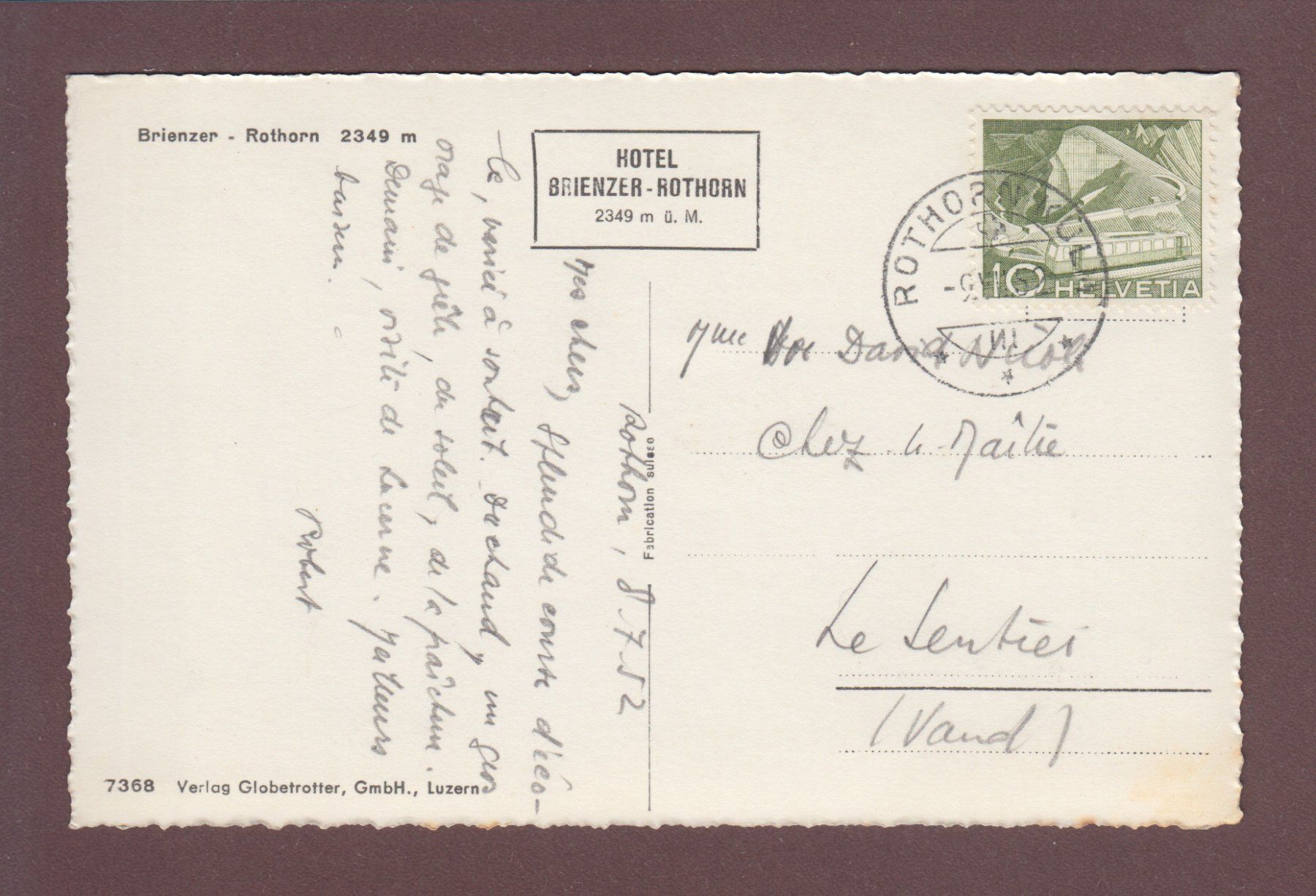 Cartoline postali: BRIENZER-ROTHORN - 1952 – Usato da Pully venduto da nicecards 1