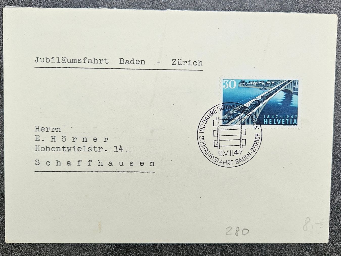 Alle Briefmarken: 280 Jubiläumsfahrt für 1.-- – Neu (gemäss Beschreibung) aus Buttikon SZ von Marcelr