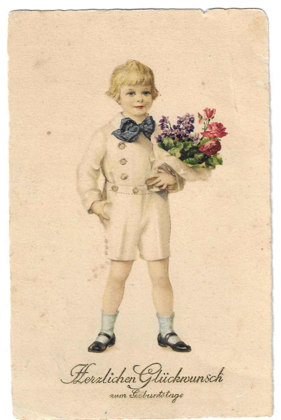 Cartoline postali: Junge gratuliert mit Blumenstrauss – Usato da Kloten venduto da kanschweiz