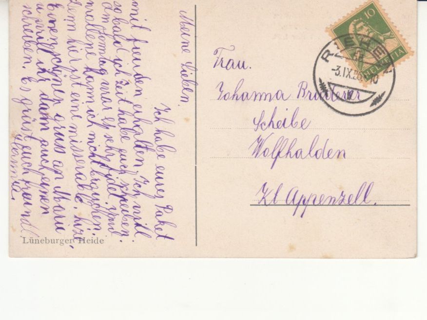 Cartoline postali: Motivkarte Lüneburger Heide 1926 mit ST Riehen – Usato da Bürglen TG venduto da StampGraf 1