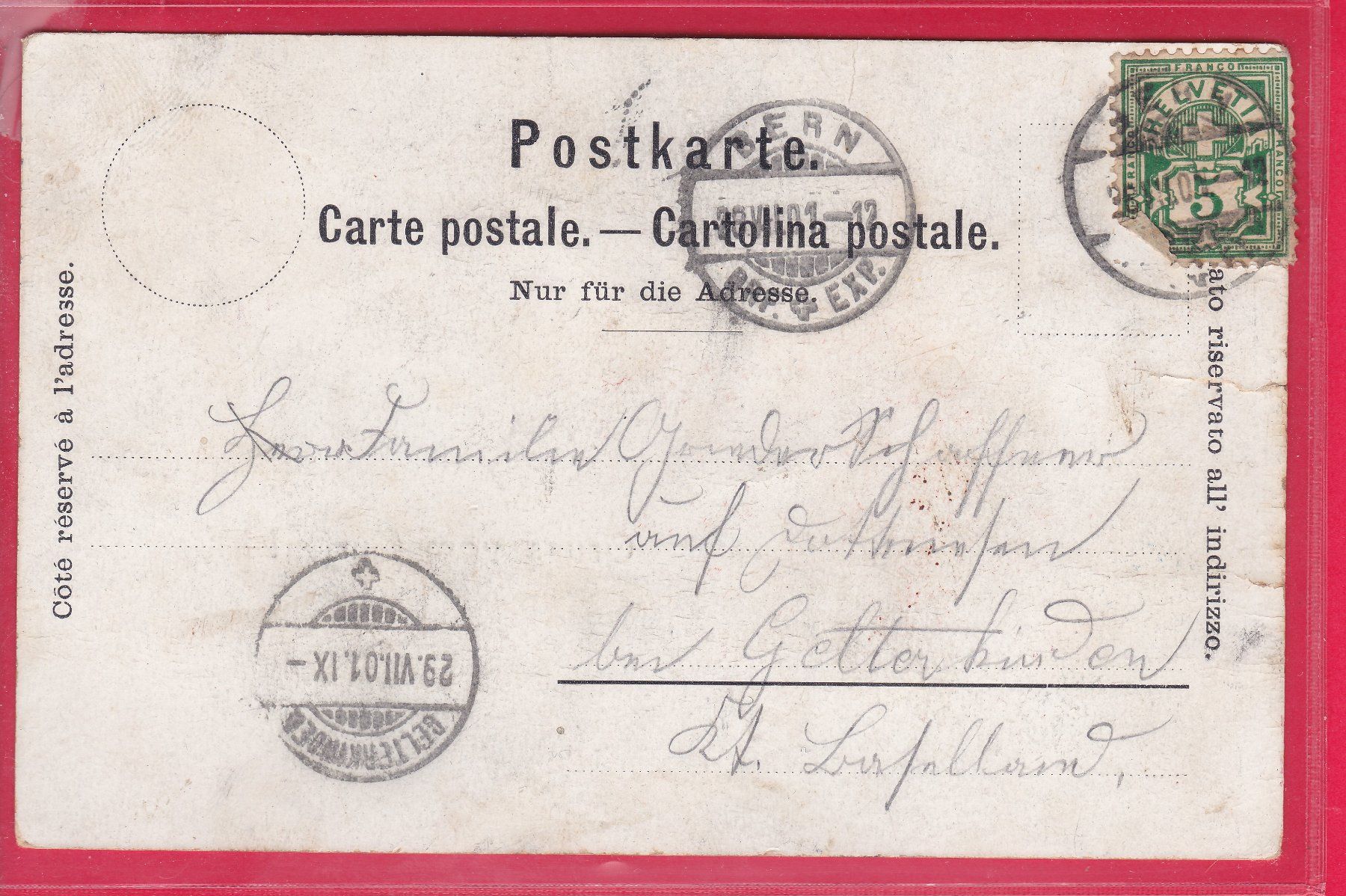 Cartoline postali: GRUSS VOM GURTEN, 28.7.1901 – Usato da Oberrieden venduto da Gebirgsstelze 1