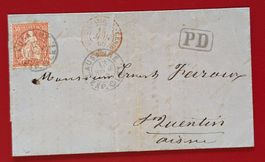 FALTBRIEF AUSLAND SITZENDE HELVETIA 33 LAUSANNE FRANCE 1866
