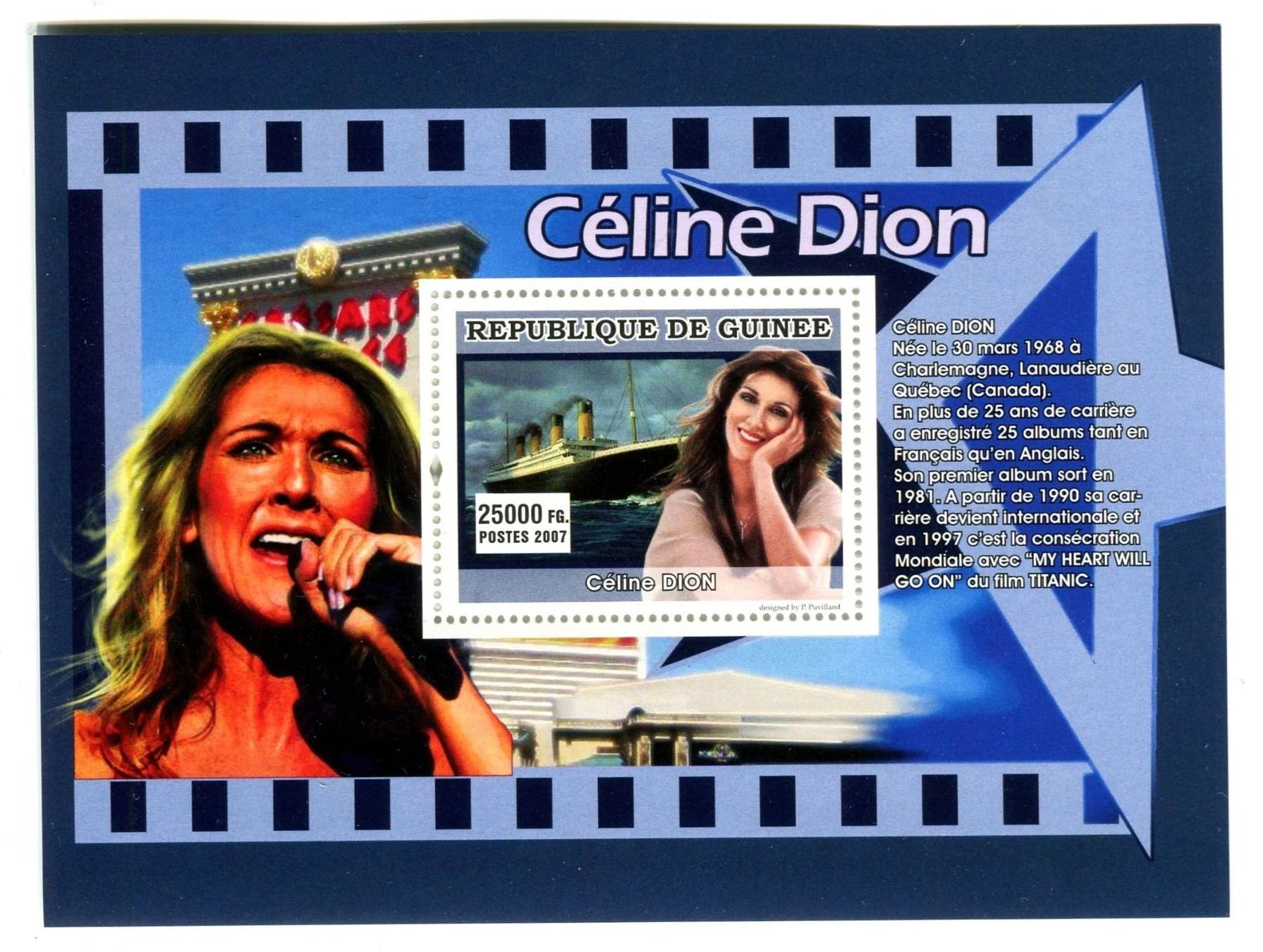 Tutti i francobolli: Block "Céline Dion". Guinea. – Nuovo e nell'imballaggio originale da Basel venduto da Butsch5