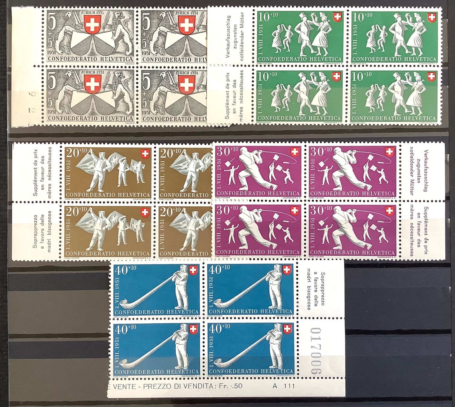 Tutti i francobolli: Pro Patria 1951 Viererblock Postfrisch Kat.120.- – Nuovo (secondo la descrizione) da Liestal venduto da Pep3