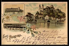 Lithographie Aarburg, Teilansicht, Elekt. Werk, Brücke