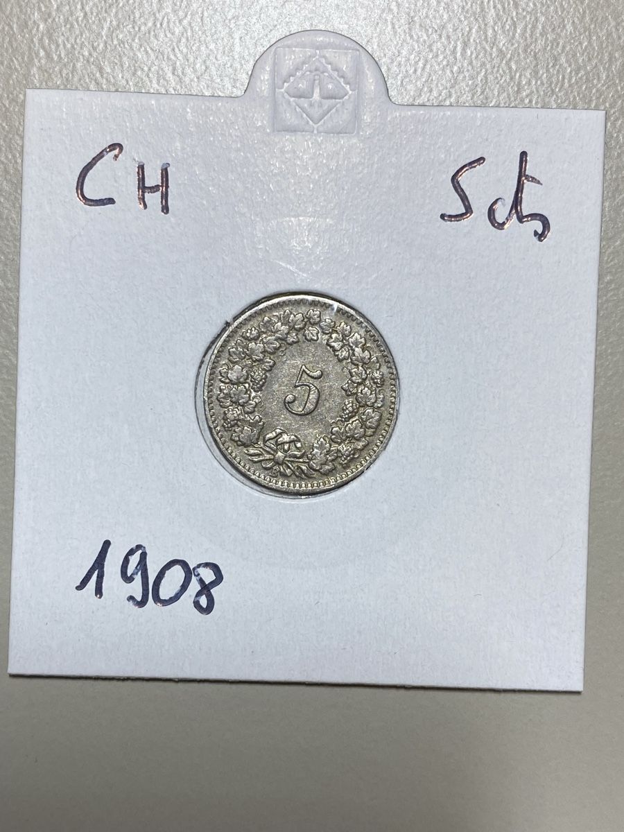 Alle Münzen: CH - 5 centimes - 1908 – Gebraucht aus Payerne von Mike1682