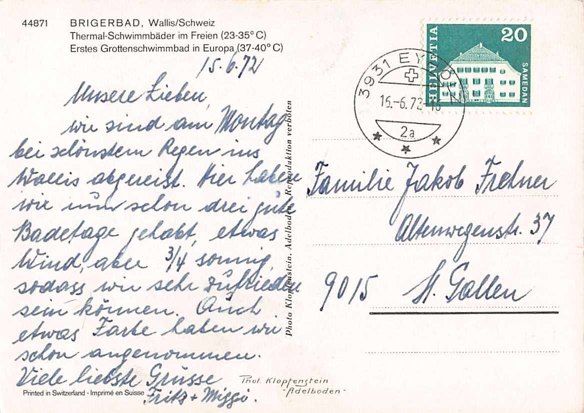 Cartoline postali: GRUSS vom BRIGGERBAD 1972 – Usato da Lufingen venduto da Rac0 1