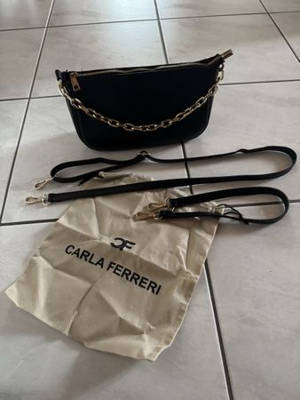 Carla Ferreri Handtasche, Goldkette, Schwarz, Leder