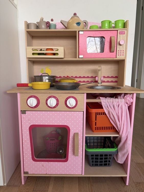 COSTWAY Cuisine Enfant En Bois Rose – Avec Micro-ondes, évier, Four, 7 Accessoires – Jeu D'imitation Dès 3 Ans