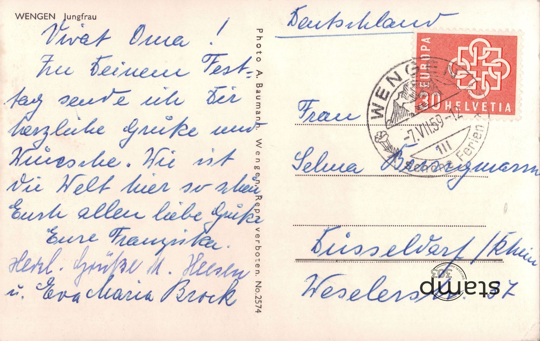 Ansichtskarten: 1959 AK Wengen _ Jungfrau – Gebraucht aus Eggersriet von stamp303 1