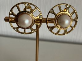 Clips d'oreilles vintage dorés avec perle et strass ✨