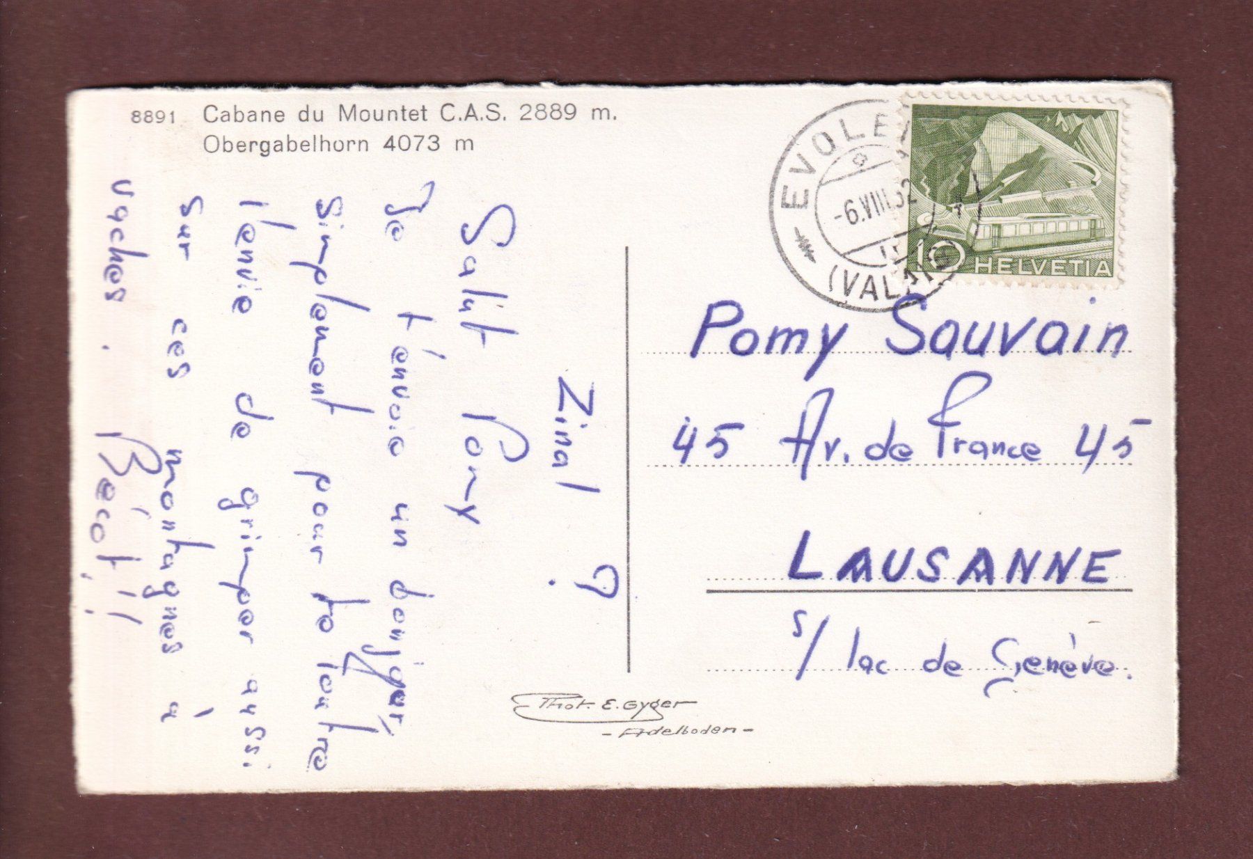 Cartoline postali: Cabane du MOUNTET - Obergabelhorn - 1952 – Usato da Pully venduto da nicecards 1