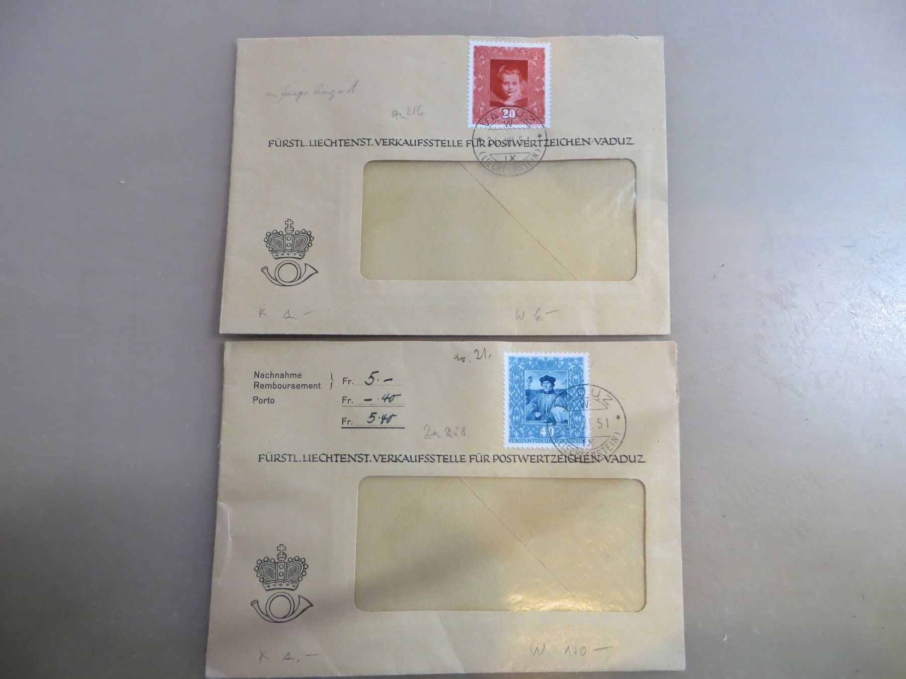Tutti i francobolli: 2 Briefe Vaduz FL 1951 – Usato da Basel venduto da 8013